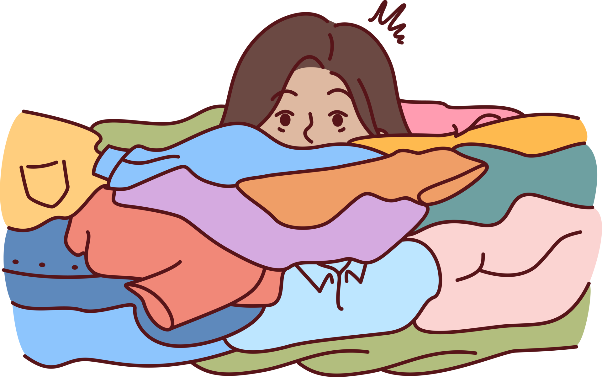 Face of woman near dirty clothes in need of washing with colored