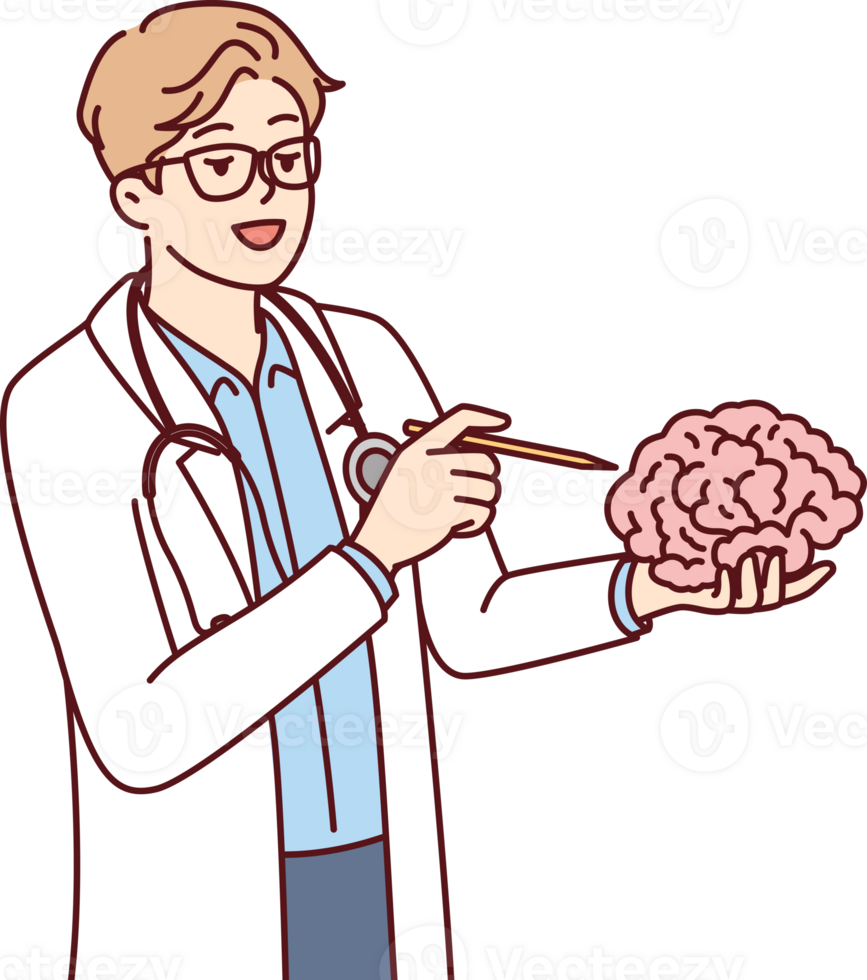 medico detiene cervello nel mano spiegando opera di neuroni per studenti di medico Università png