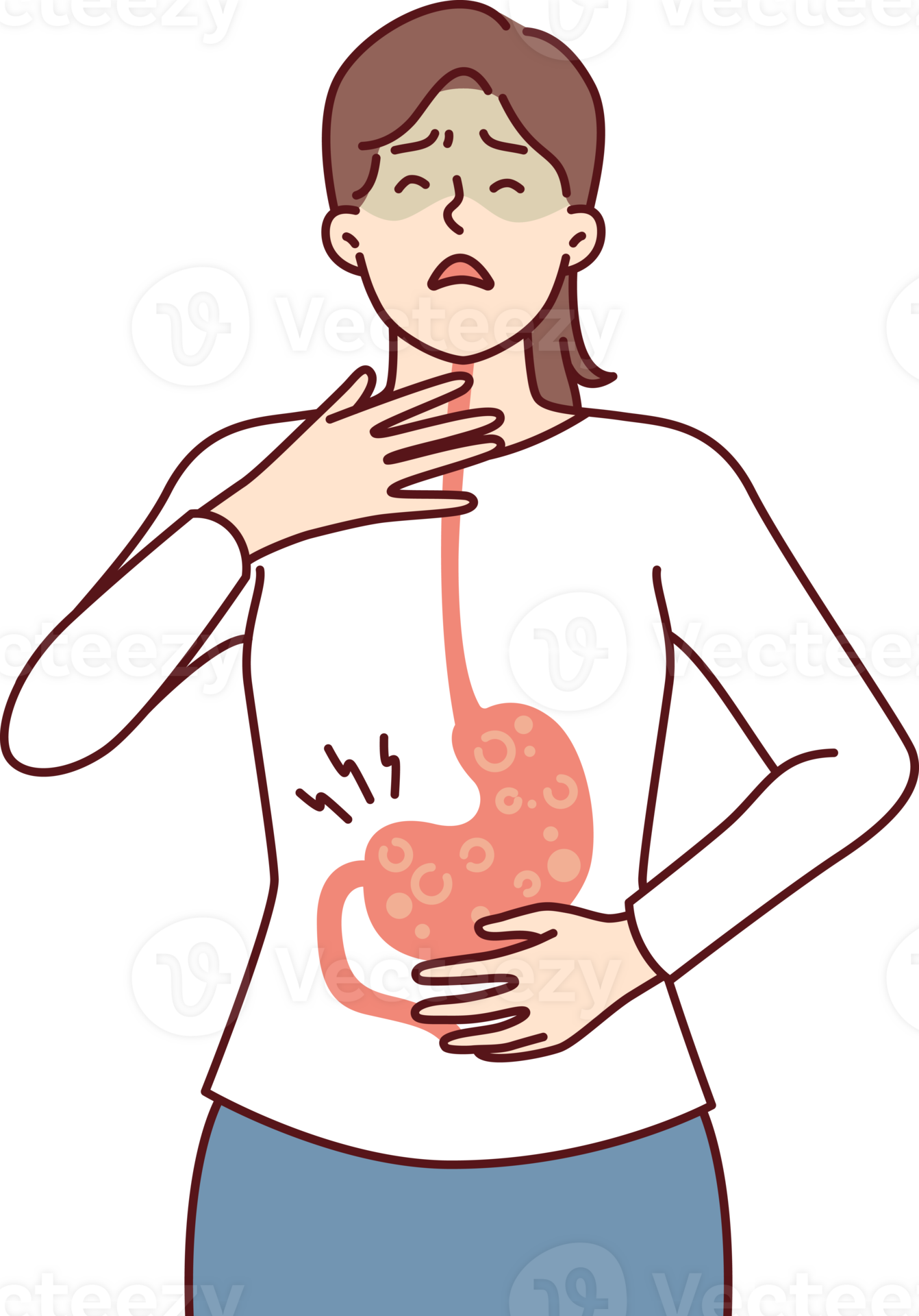 Sick woman with symptoms of gastroesophageal reflux or gastritis