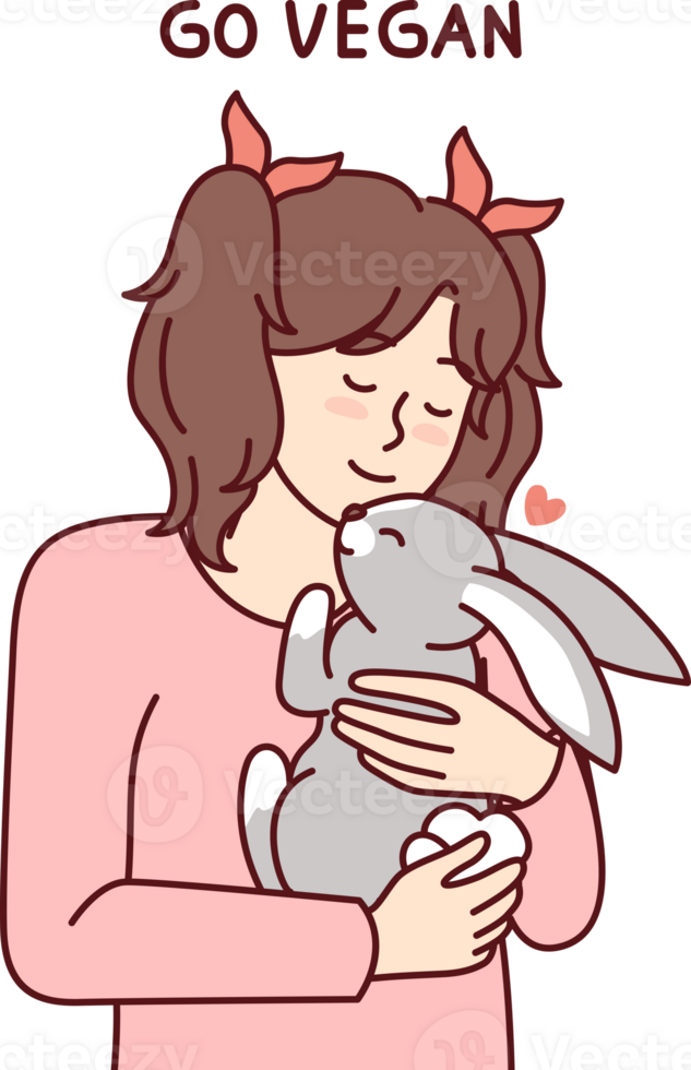 Little vegan older girl hugs rabbit that they wanted to use for food and cook for dinner png