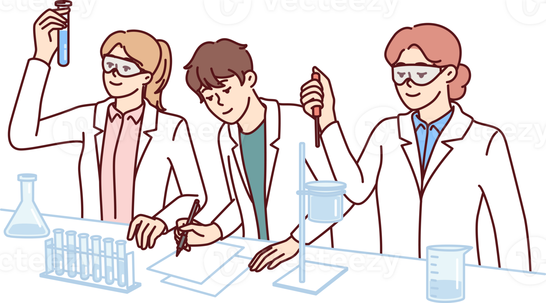 Studenten Verhalten Experimente im Chemie Labor tun wissenschaftlich Forschung zum Prüfung png