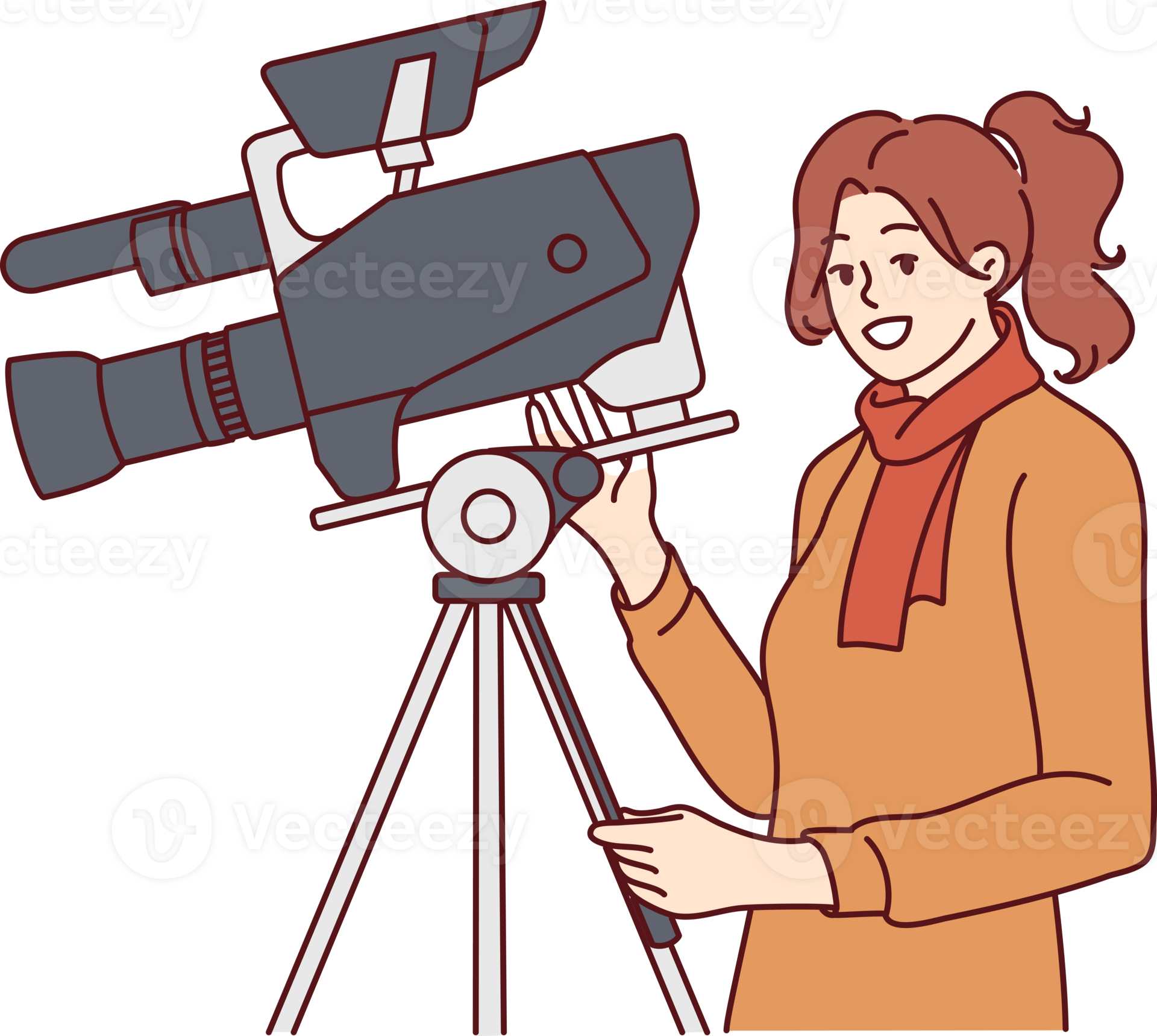 Woman videographer stands near professional video camera fixed on