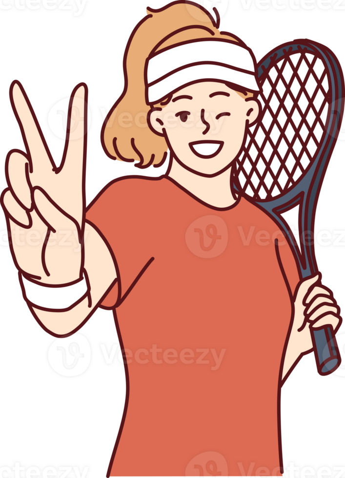 Woman tennis player demonstrates victory gesture before tournament or championship png