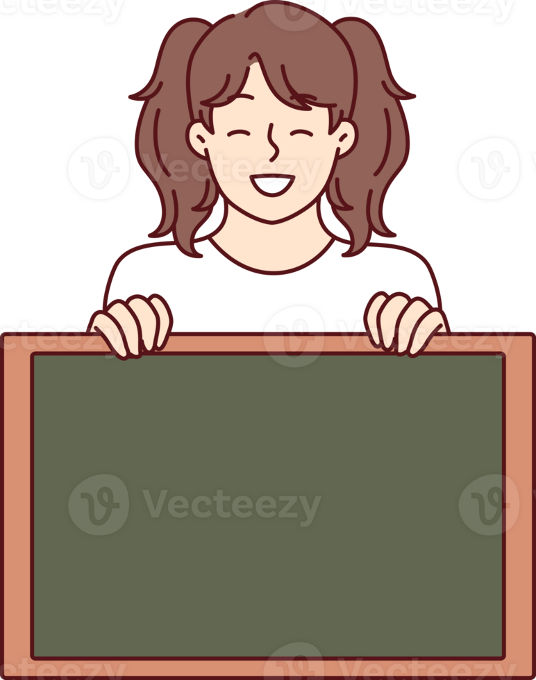Little girl smiling demonstrates empty chalkboard designed for applying notifications png