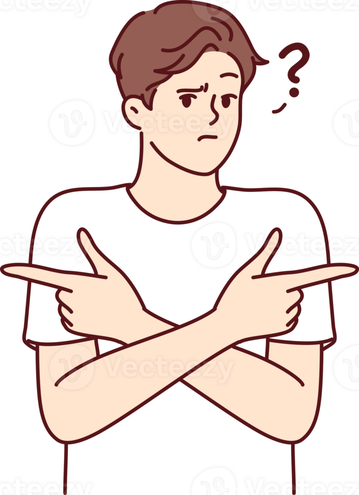 Puzzled man pointing fingers in different directions doubtful trying to accept difficult decision png