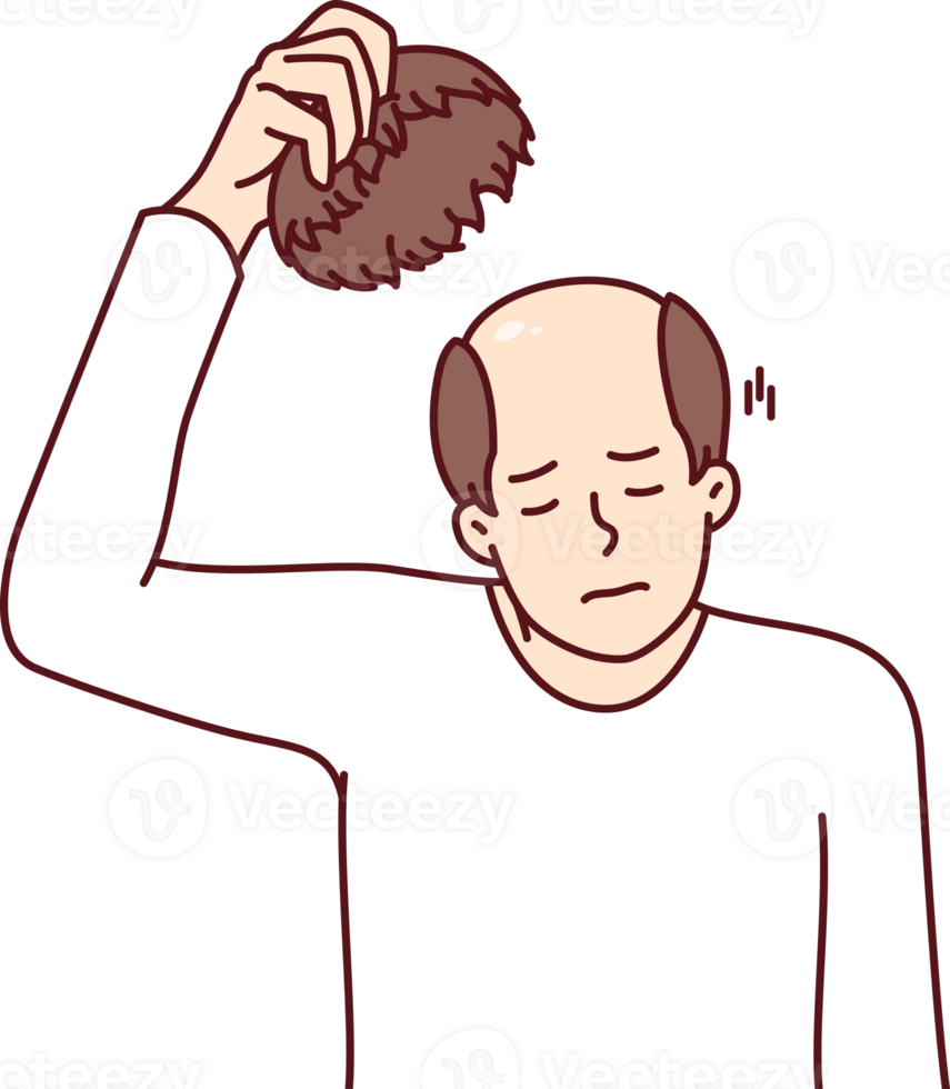 Man takes off wig and experiences stress of baldness caused by problems with hair png