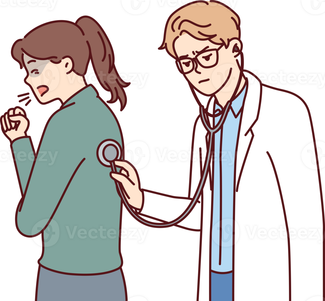 Doctor uses stethoscope examining coughing patient and auscultating woman suffering from flu png
