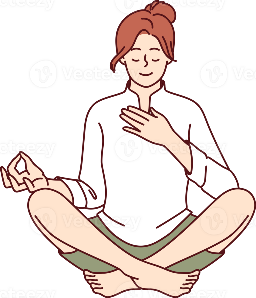donna medita con mano su cuore e auguri per guarire se stessa attraverso yoga e spirituale pratica png