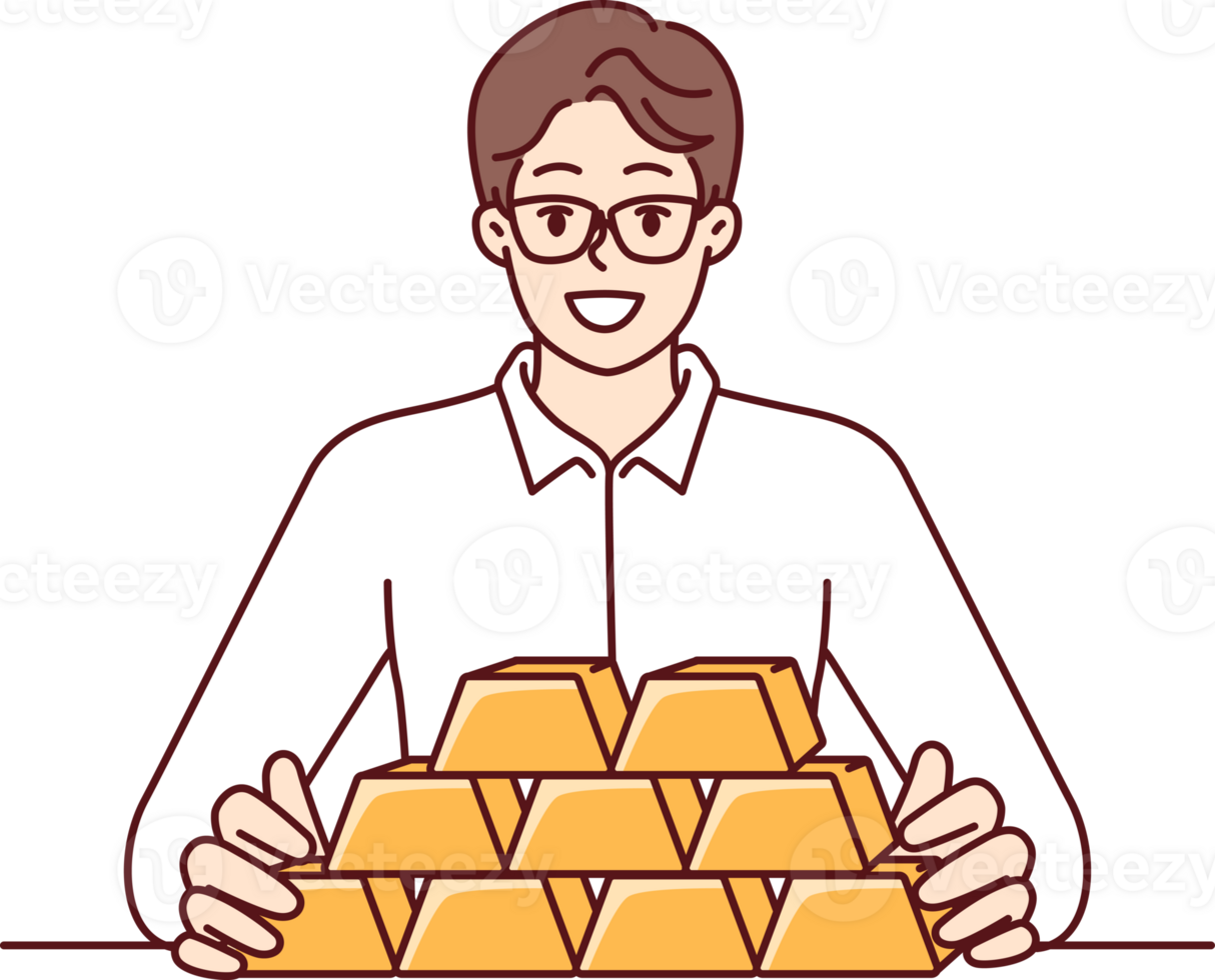 zakenman met goud bars zittend Bij tafel voor kostbaar metalen investering concept png