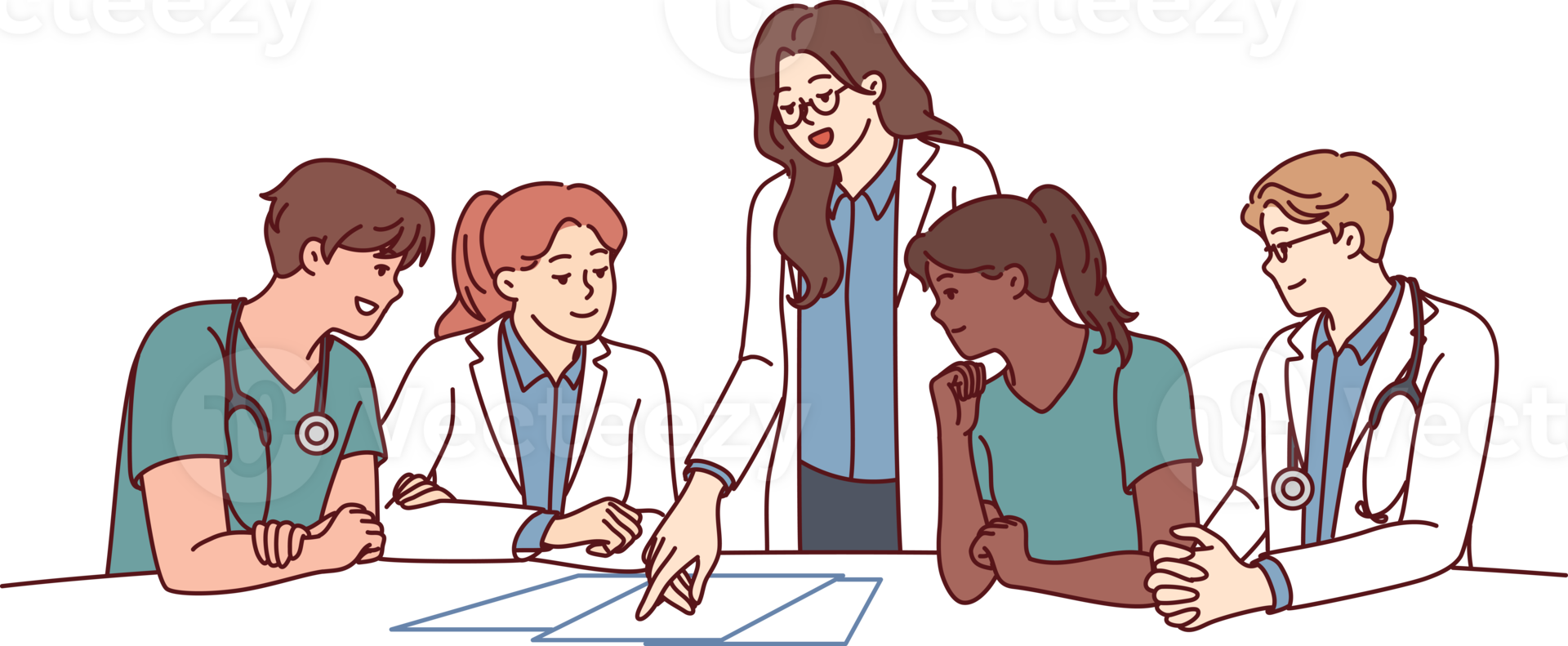 Clinic staff meeting, with doctors sitting at table and head physician giving instructions png