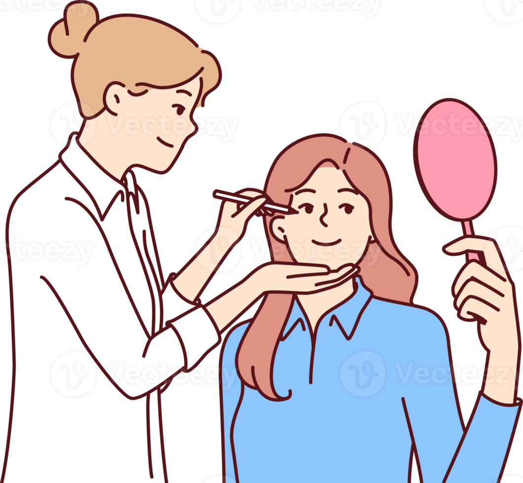 Woman beautician makes make-up of patient with mirror undergoing aesthetic treatment png
