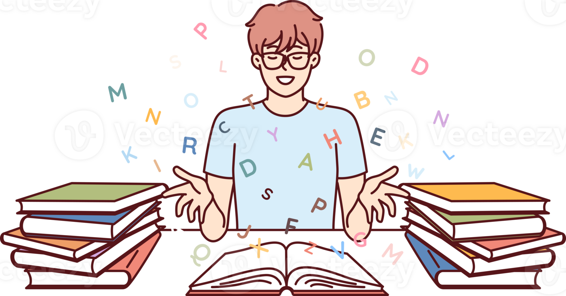 Boy student reads books and gets new knowledge from classical literature or professional textbooks png