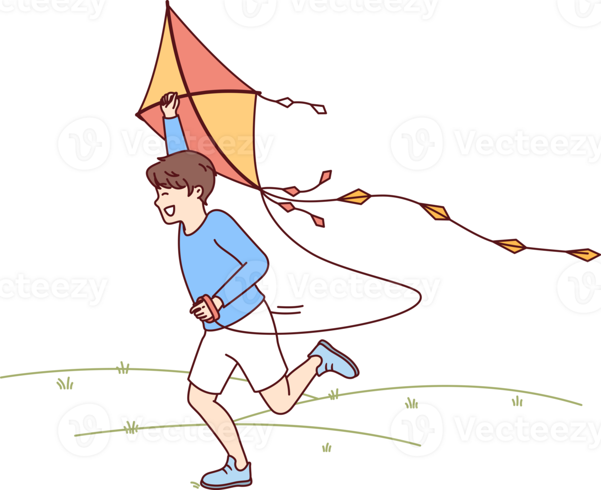 peu garçon avec cerf-volant court par Prairie profiter été marcher avec préféré jouet. png