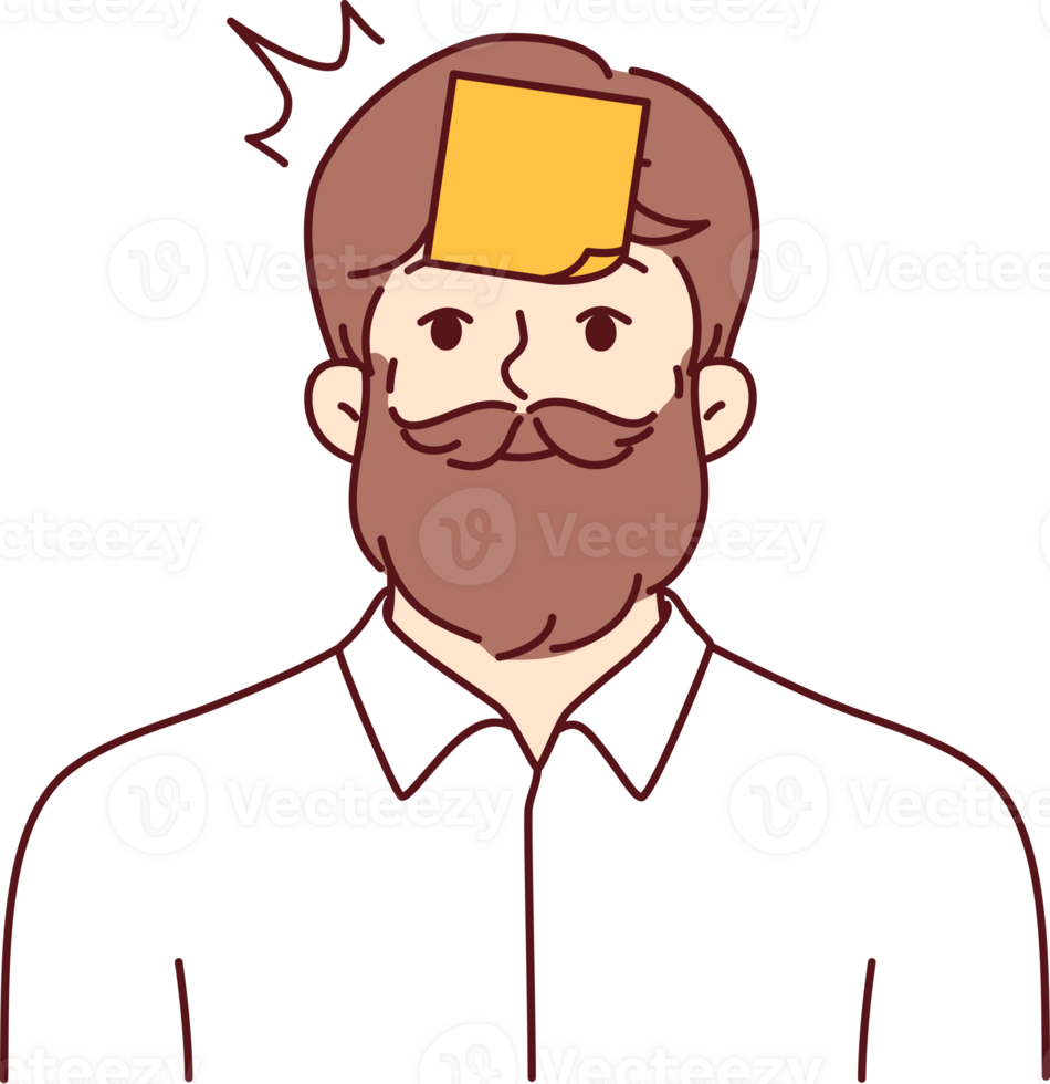 hipster hombre con pegajoso notas en frente intentos a adivinar qué es escrito en pegatina png