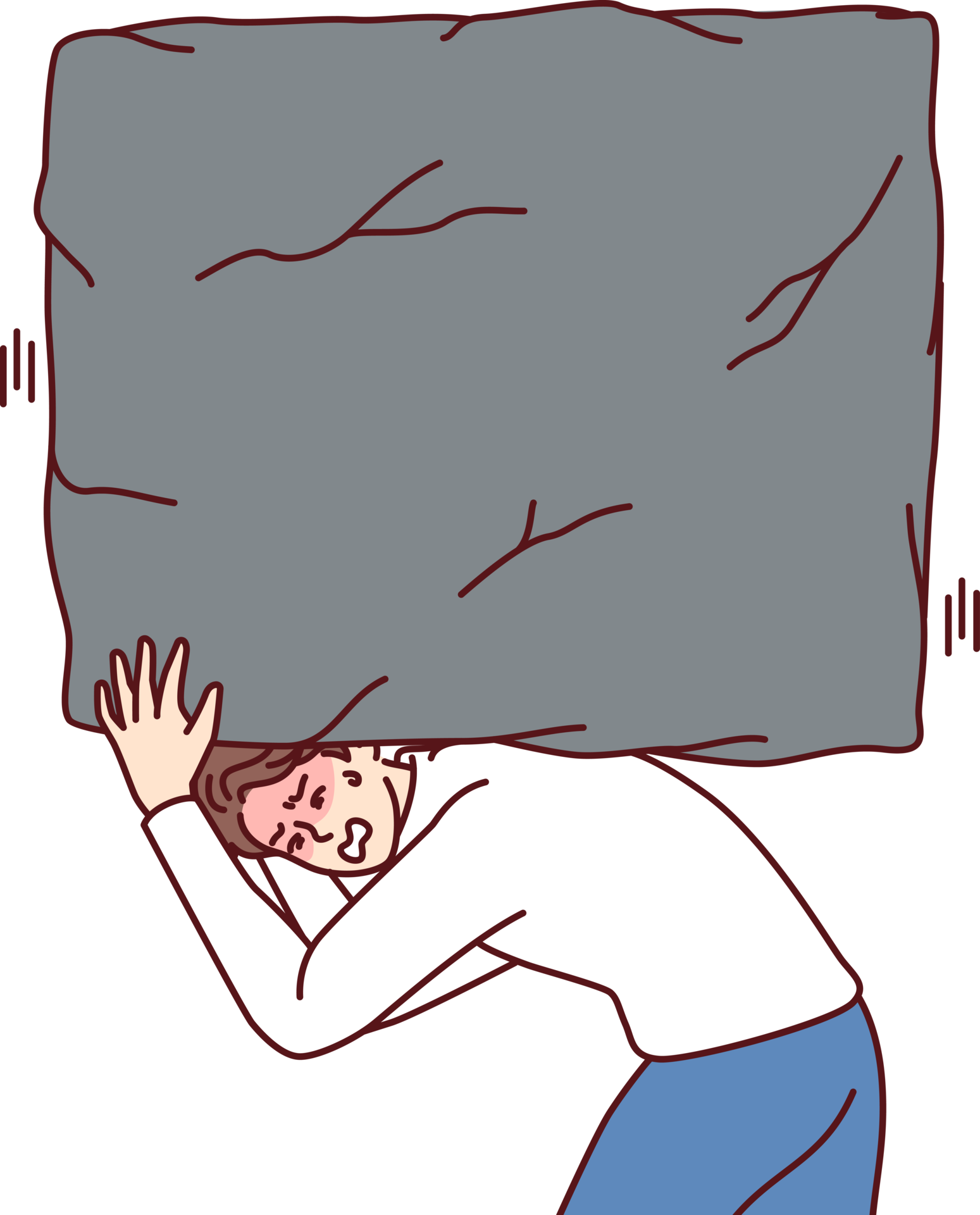 Suffering man carries heavy stone on back, symbolizing heavy tax burden and overly ambitious