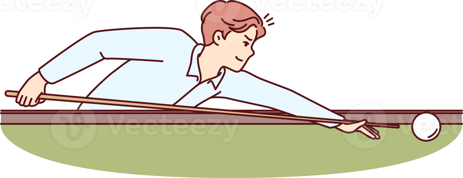 Man plays billiards leaning over table with cue in hands and taking aim, to put ball into hole png