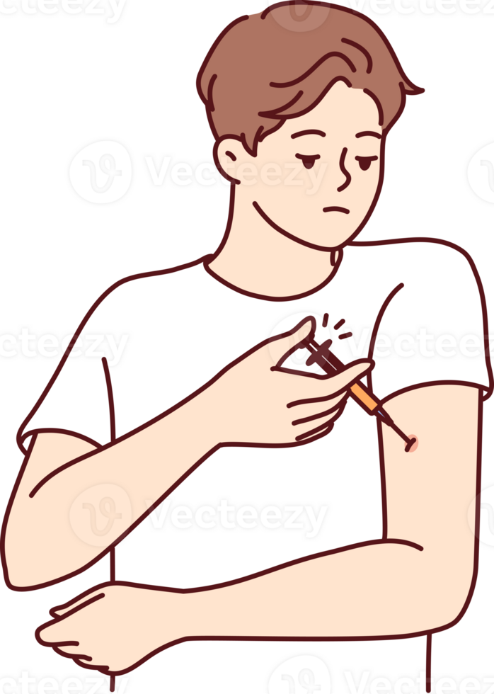 Man with diabetes makes injection in arm to lower blood sugar and avoid insulin shock png
