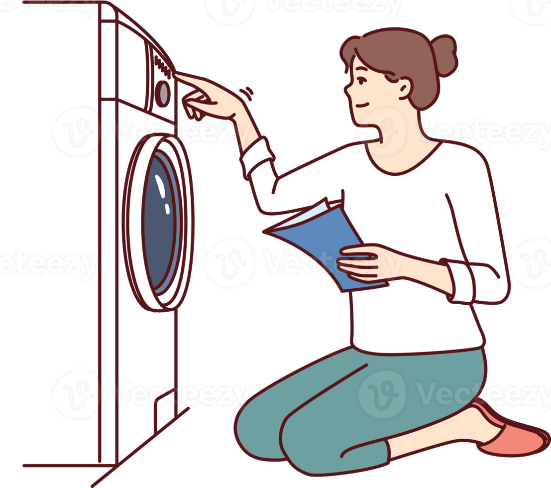 Woman turns on washing machine on knees with paper instruction with rules for using equipment png