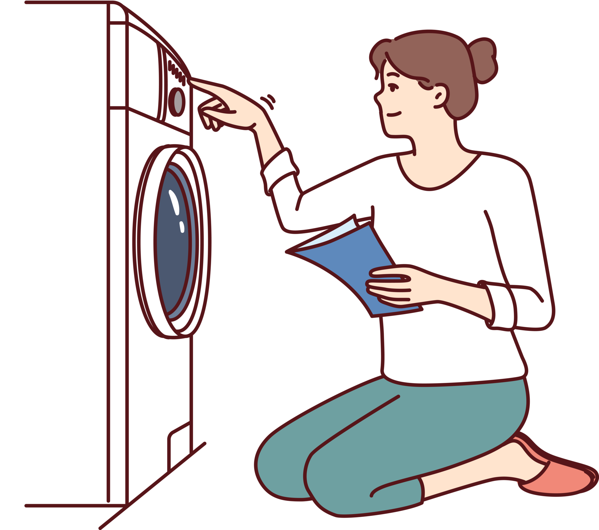 Woman Turns On Washing Machine On Knees With Paper Instruction With Woman Turns On Washing Machine On Knees With Paper Instruction With