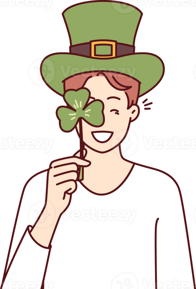 Man with St Patrick Day celebration accessories wearing green hat and covering eye with clover petal png