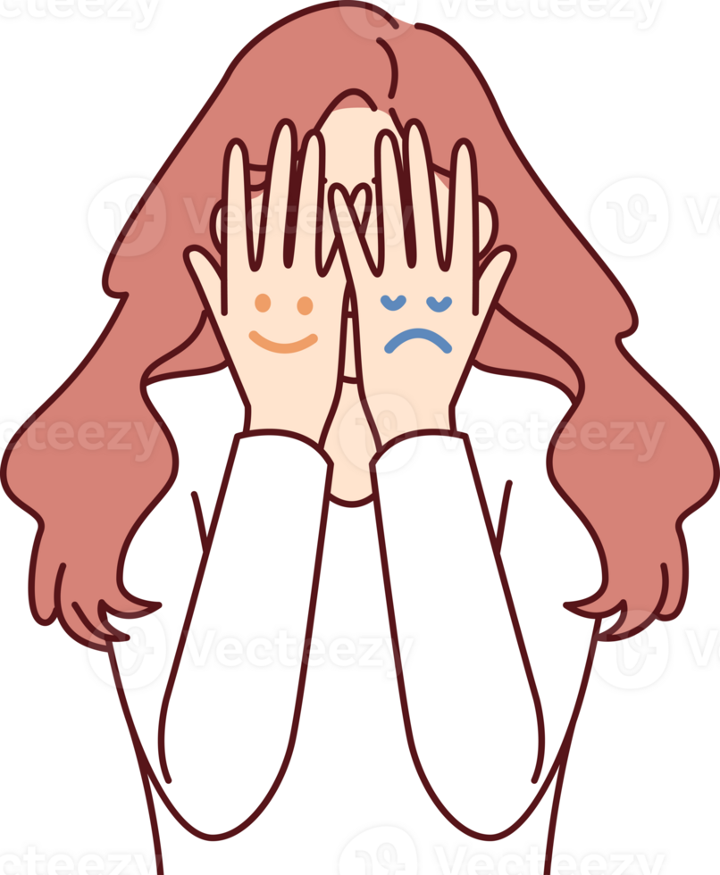 Faces with different moods are depicted on hands of woman hiding face for concept bipolar disorder png