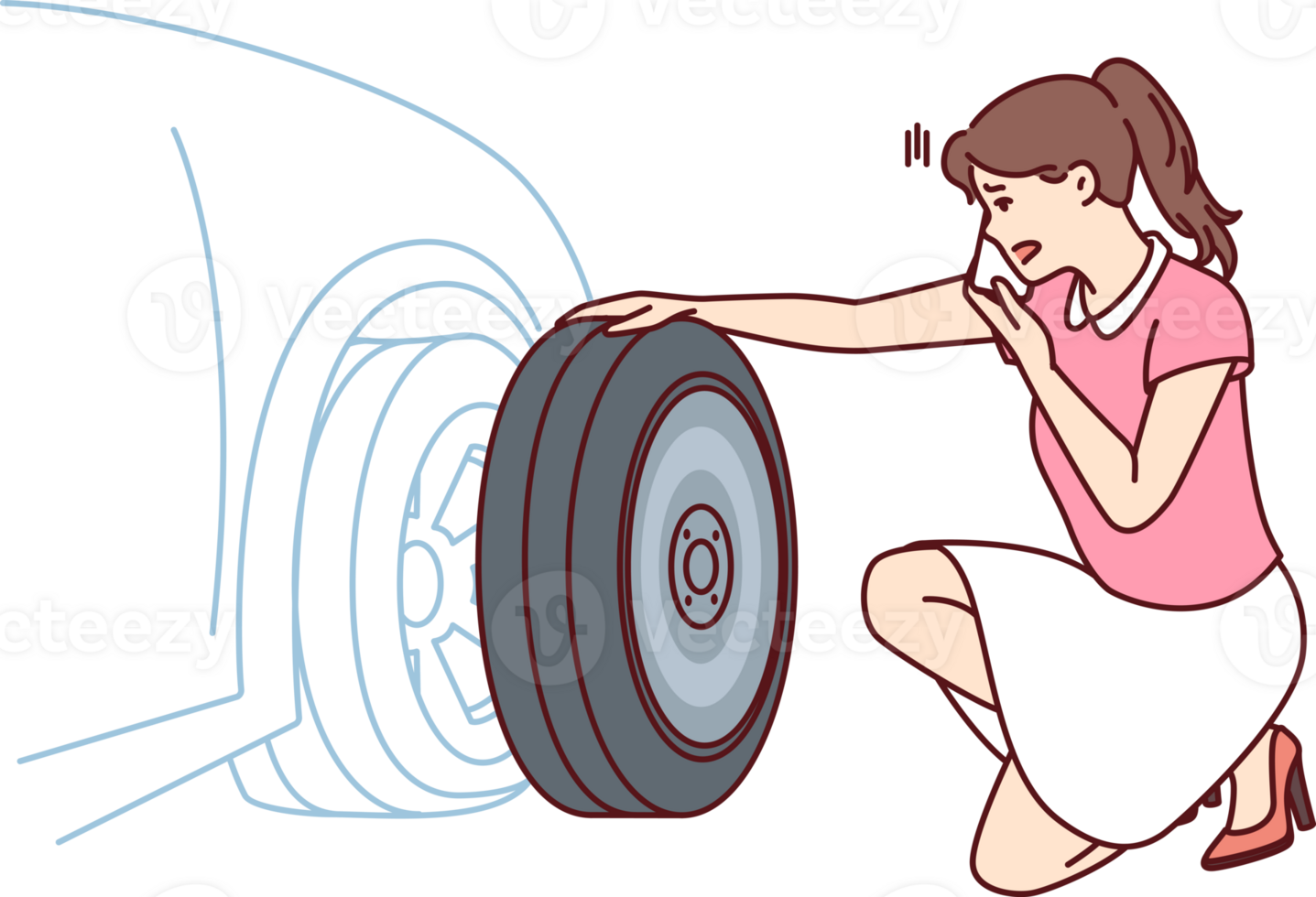 Woman looks at punctured car tire trying to call for help to change tire or haul automobile png