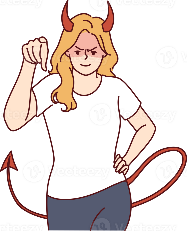 Woman demon with horns and tail points her finger at screen and looks at you aggressively png