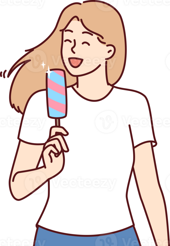 Woman eats ice cream to cool off in hot summer weather and enjoy cold sweet dessert png