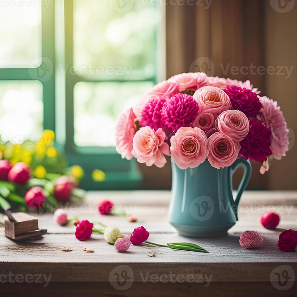 Close up colorful flower bouquet on retro vintage wood table, created with technology photo