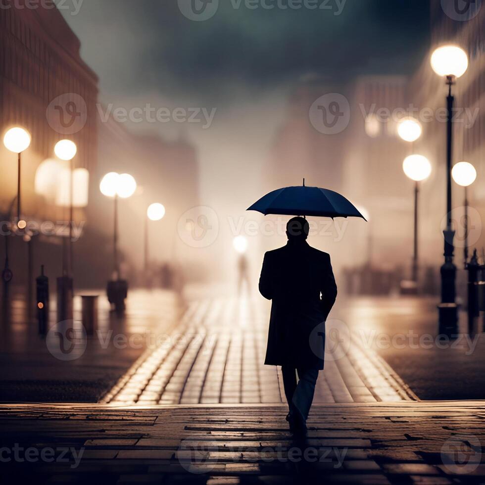 A man carrying an umbrella in the tranquil street, created with technology photo