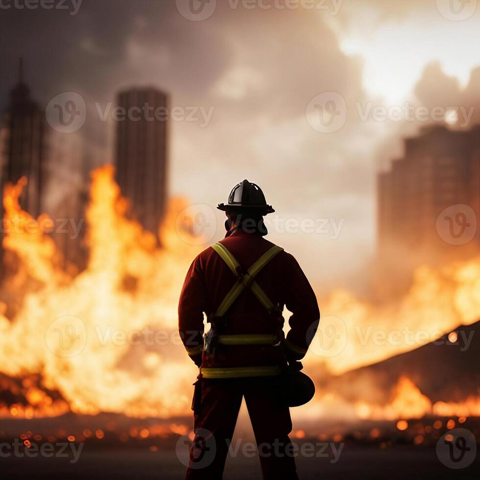 Backlit of a fireman with fire background, created with technology photo