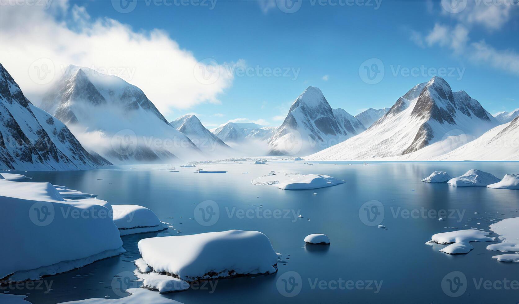 Arctic landscape view of snow mountain ocean and blue sky, created with photo