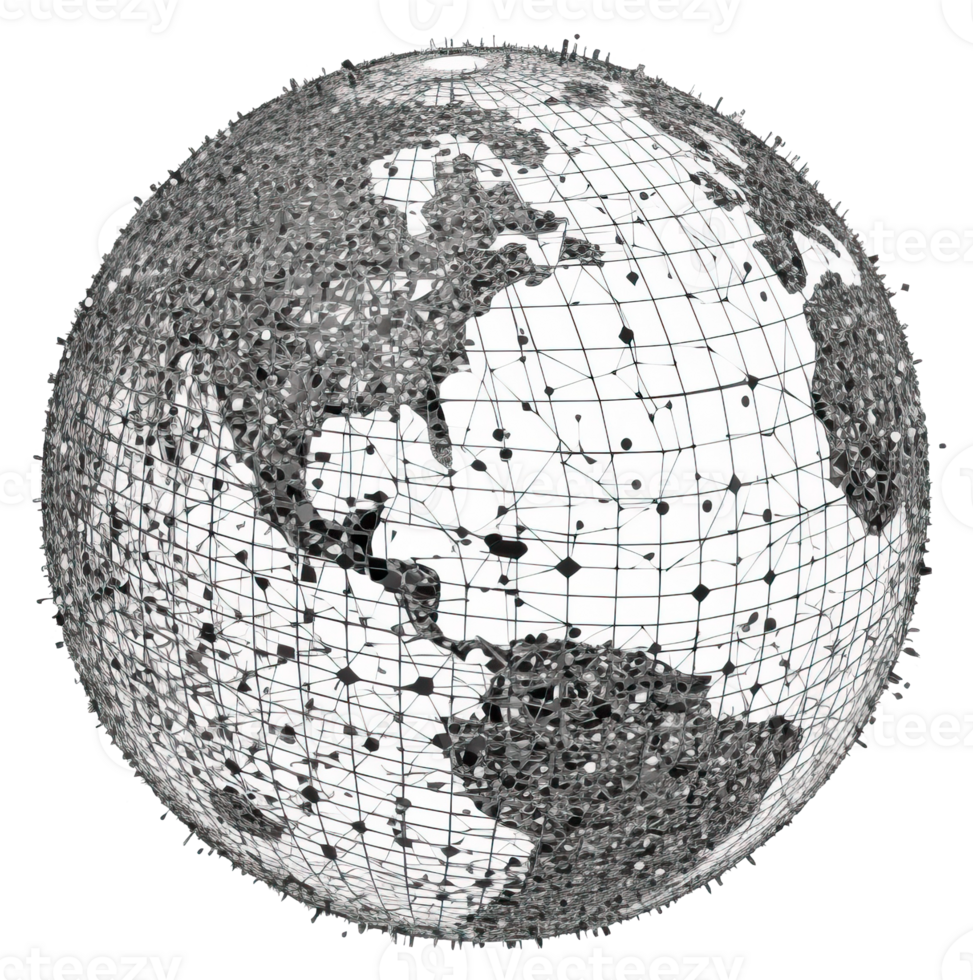 Textured Earth globe with network grid and particles connected isolated. Global Network connection. png