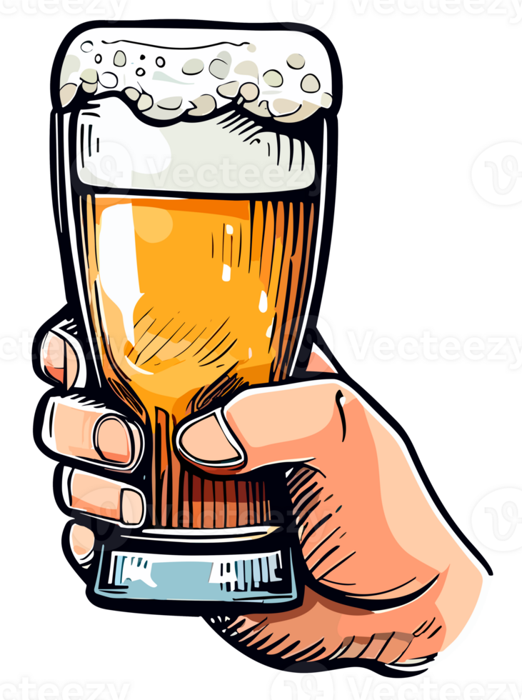 Hand holding a beer glass with foam isolated. Clip art illustration style. png