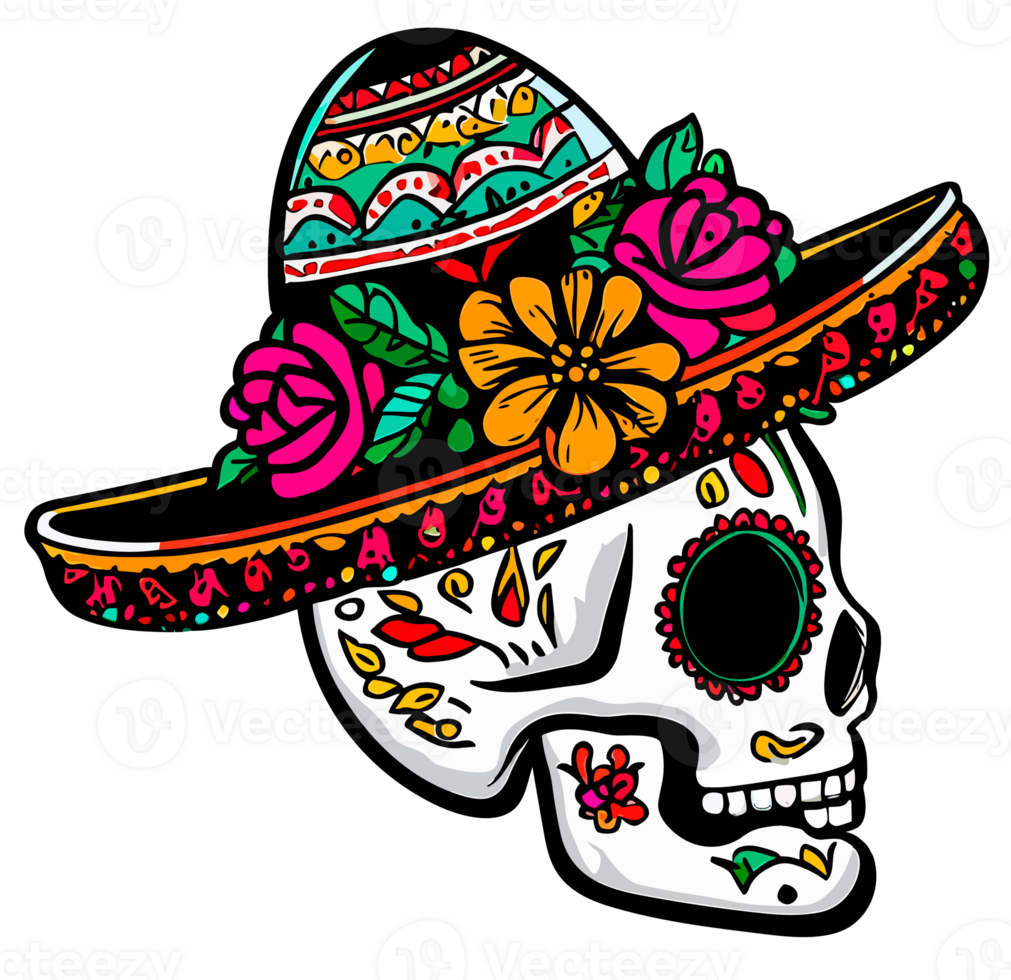 Side view of a Decorated Sugar skull with mexican hat isolated. Day of the Dead. png
