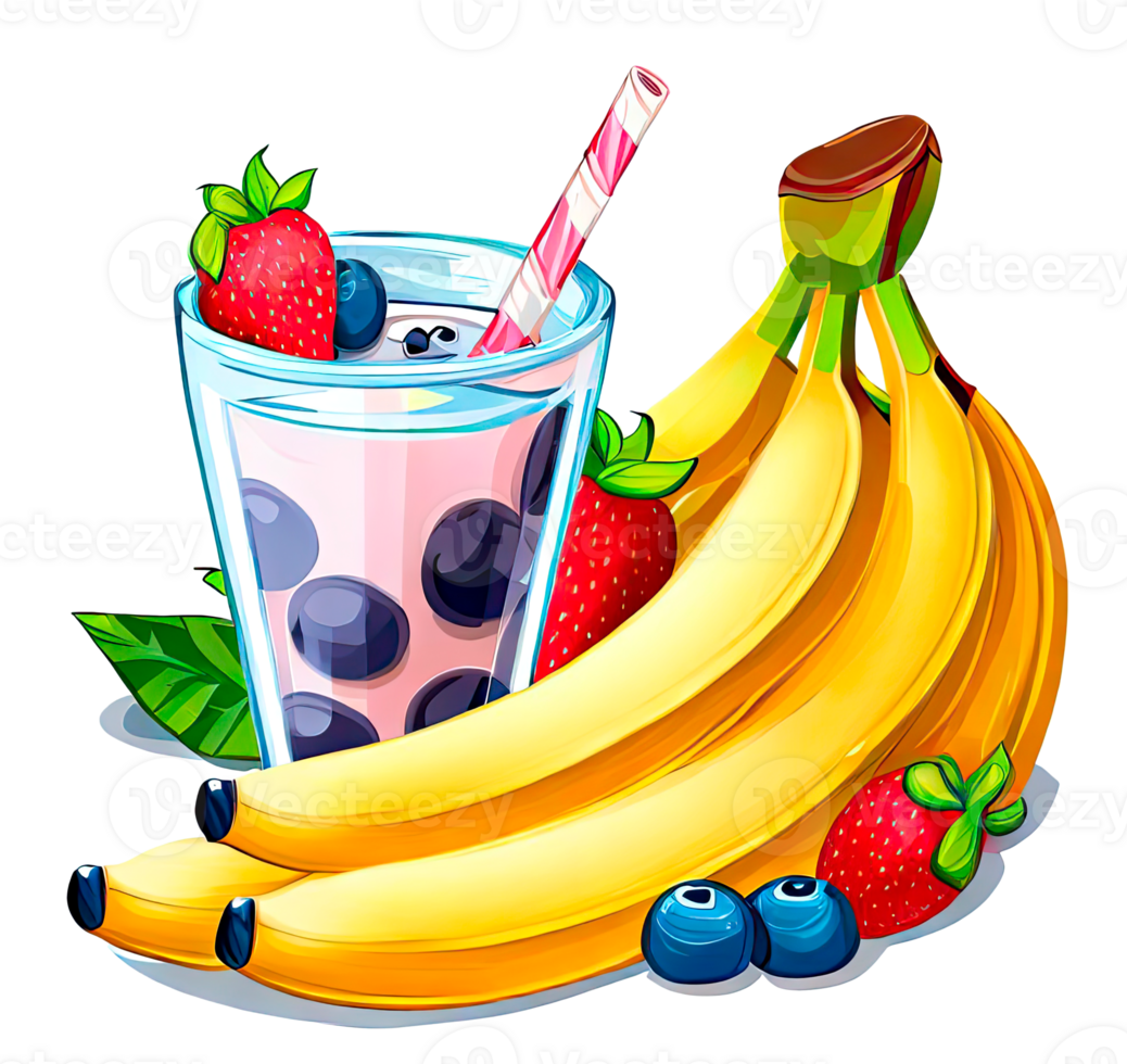 Fruit smoothie glass with some fruits isolated. png