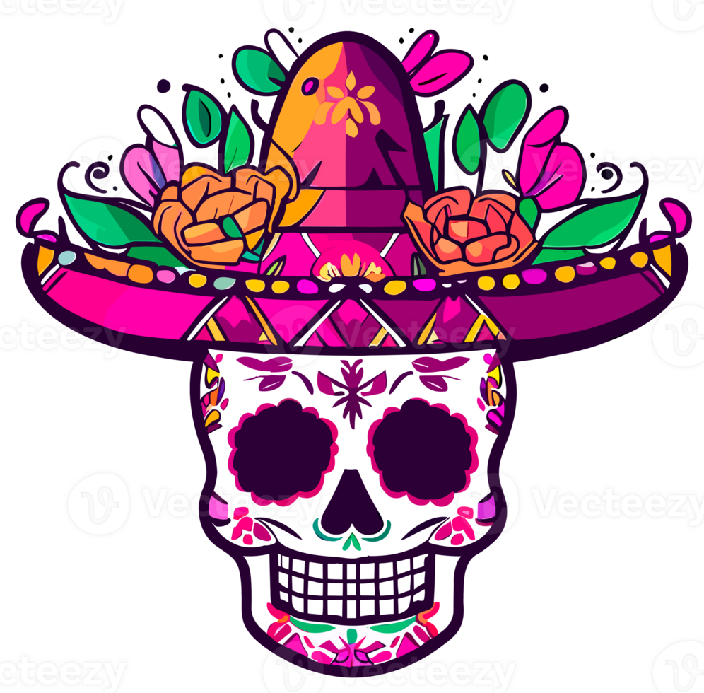 Decorated Sugar skull with mexican hat isolated. Day of the Dead. png