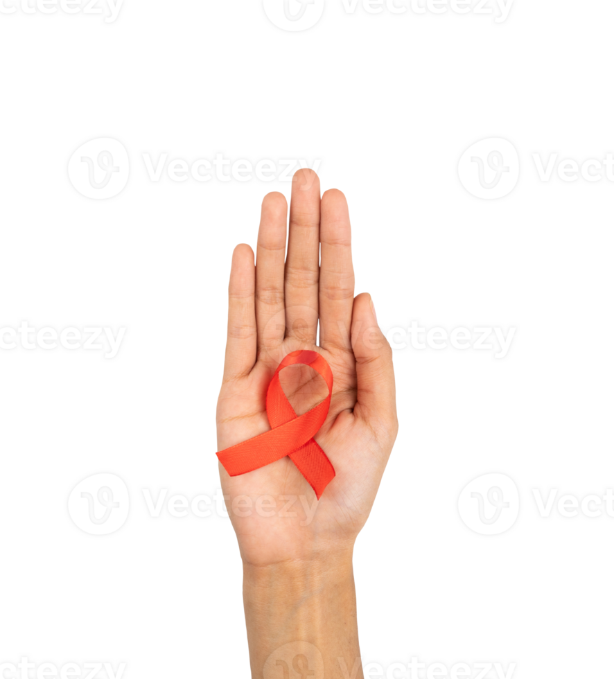 Palm hand holding awareness red ribbon isolated png