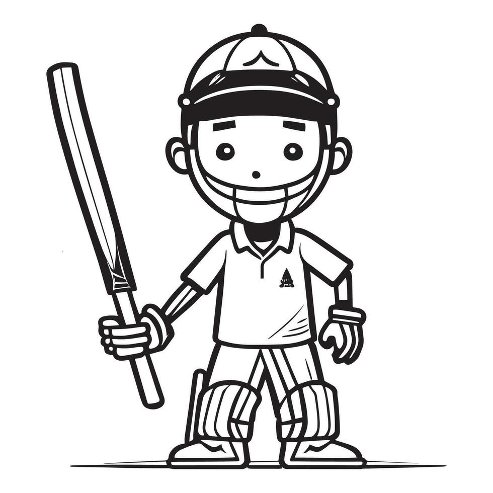 Cricket Player Vector Clipart, Black and white Cricket player vector silhouette, a man standing with cricket bat on the field.