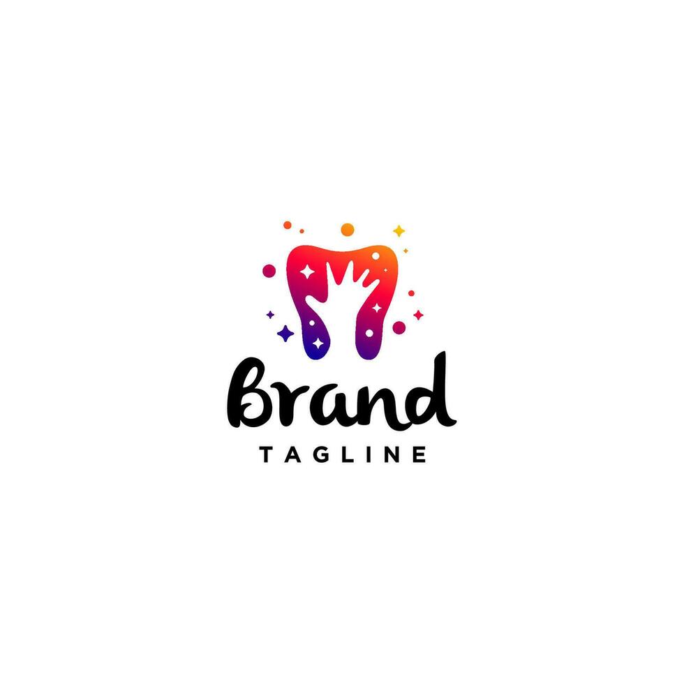 Childs hand reaching for the star inside the teeth silhouette playful logo design. Playful Dental Logo Design With Abstract Hand Inside Teeth Silhouette. vector