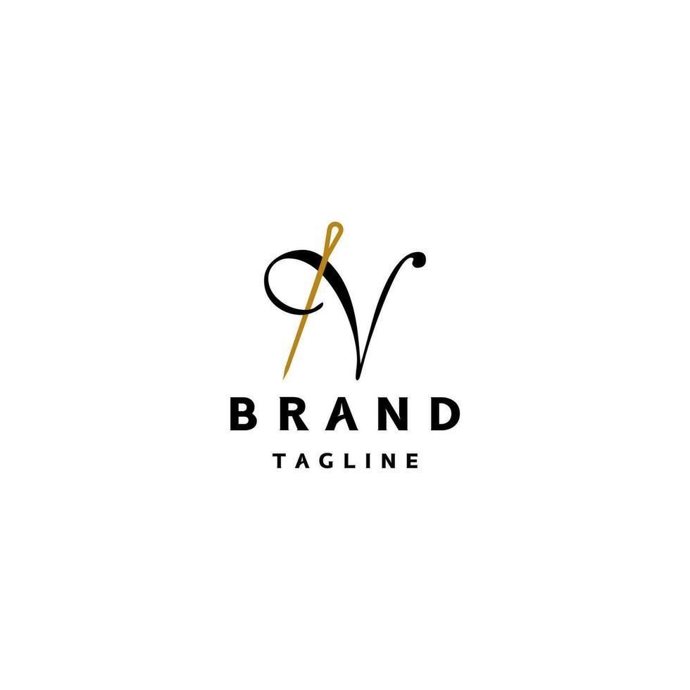 Letter N and Classic Needle Logo Design. Simple Textile Logo Design Of Initial Letter N And Gold Needle Icon. vector