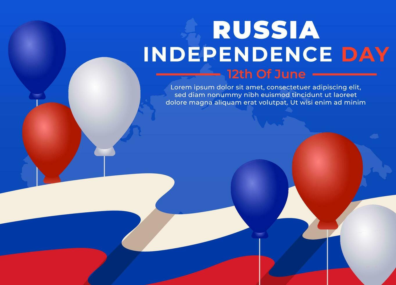 Russian Independence Day banner template with Russian flag and white, blue, red hot air balloons and text greeting Russia Day on 12 June vector