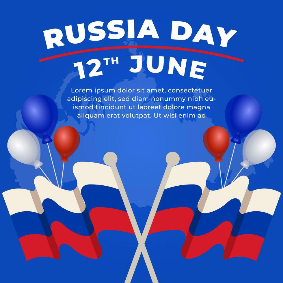 Russian Independence Day banner template with Russian flag and white, blue, red hot air balloons and text greeting Russia Day on 12 June vector