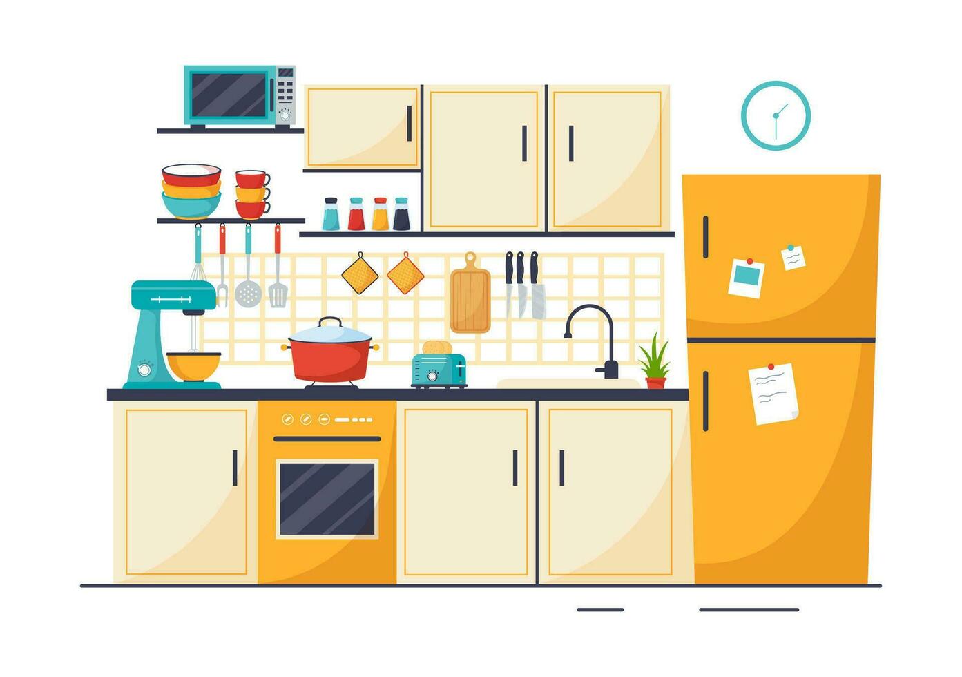 cocina arquitectura vector ilustración con mueble y interior tal como mesa, estufa y refrigerador en plano dibujos animados mano dibujado antecedentes plantillas