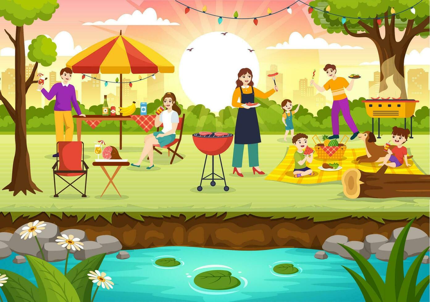 Barbecue and Grill Set Vector Illustration Kids Grilling or BBQ Party Food at Park in Festival and Summer Cooking Cartoon Hand Drawn Templates