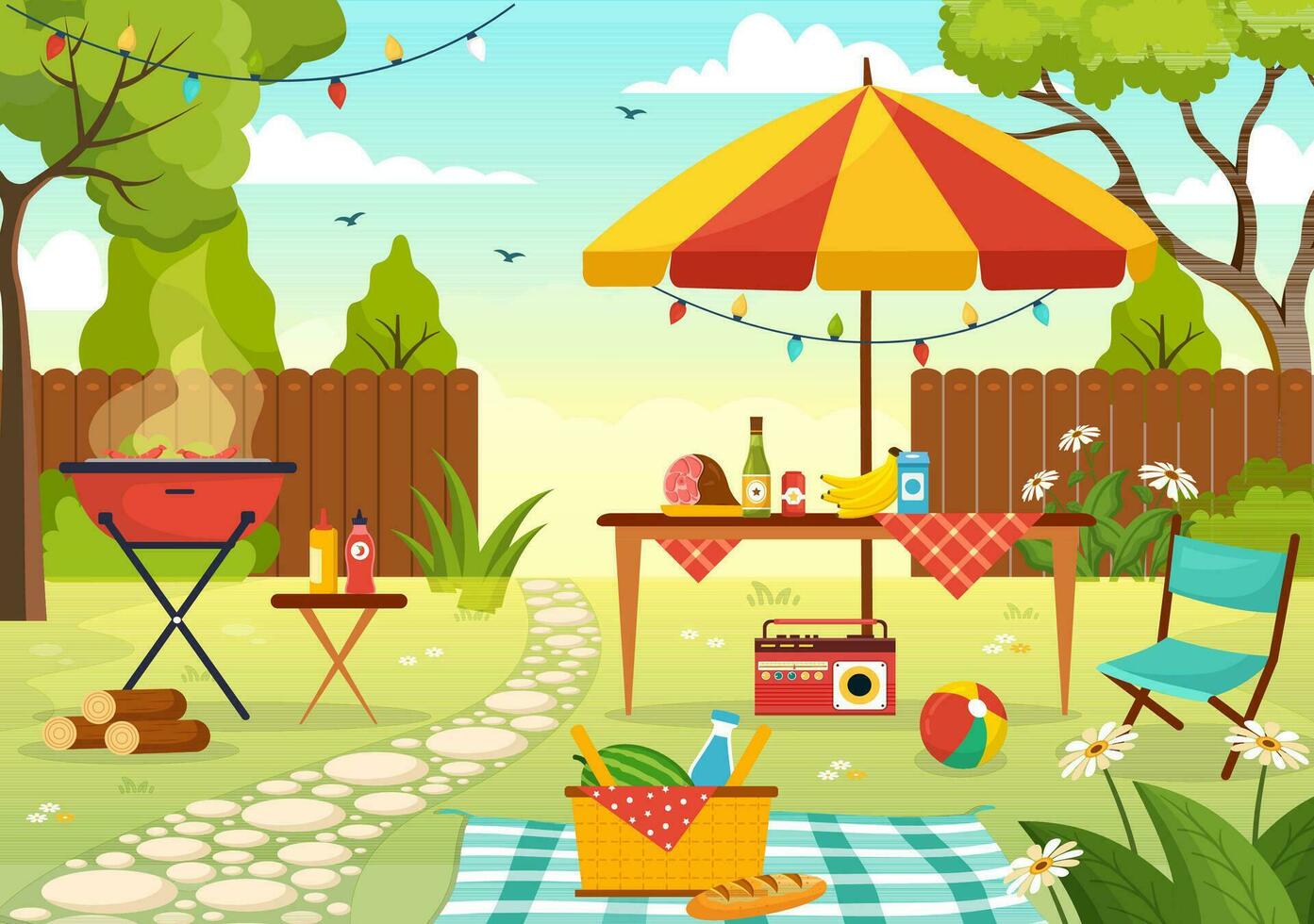 Barbecue and Grill Set Vector Illustration People Grilling or BBQ Party Food at Park in Festival and Summer Cooking Cartoon Hand Drawn Templates