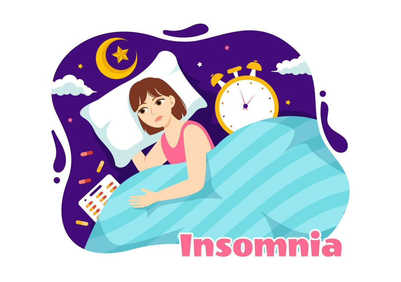insomnio vector ilustración con joven personas incapaz a dormir, pensando y ojos abierto a noche dormitorio en plano dibujos animados mano dibujado plantillas