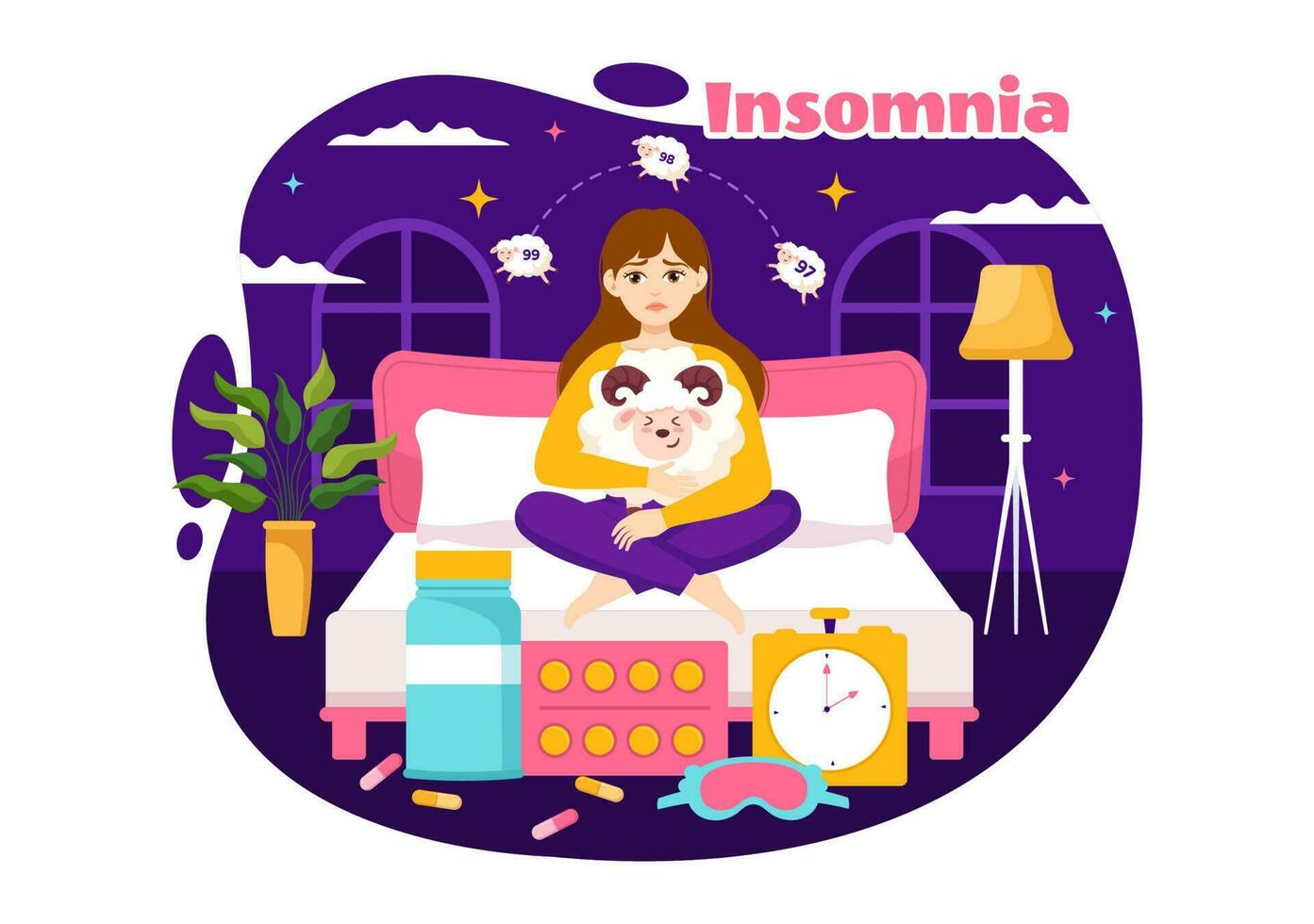 Insomnia Vector Illustration with Young People Unable to Sleep, Thinking and Eyes Open at Night Bedroom in Flat Cartoon Hand Drawn Templates