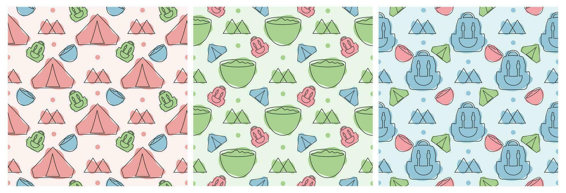 Set of Summer Camp Seamless Pattern Design of Camping and Traveling in Template Hand Drawn Cartoon Flat Illustration vector