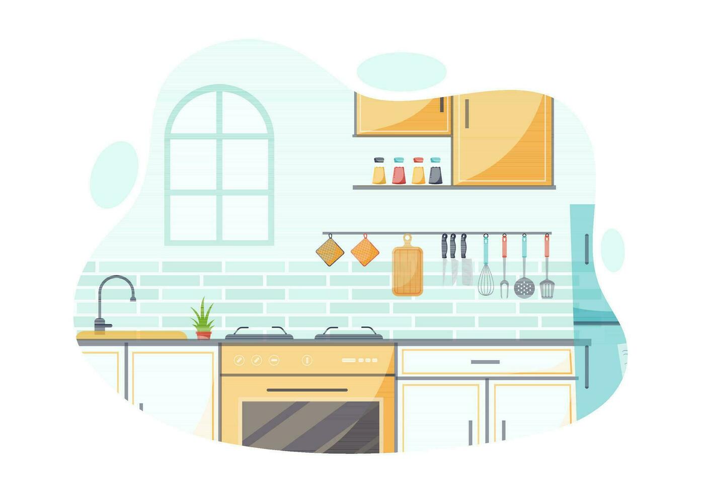 cocina arquitectura vector ilustración con mueble y interior tal como mesa, estufa y refrigerador en plano dibujos animados mano dibujado antecedentes plantillas